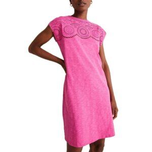 Boden Pink Broderie Dress with Pom-Pom Trim